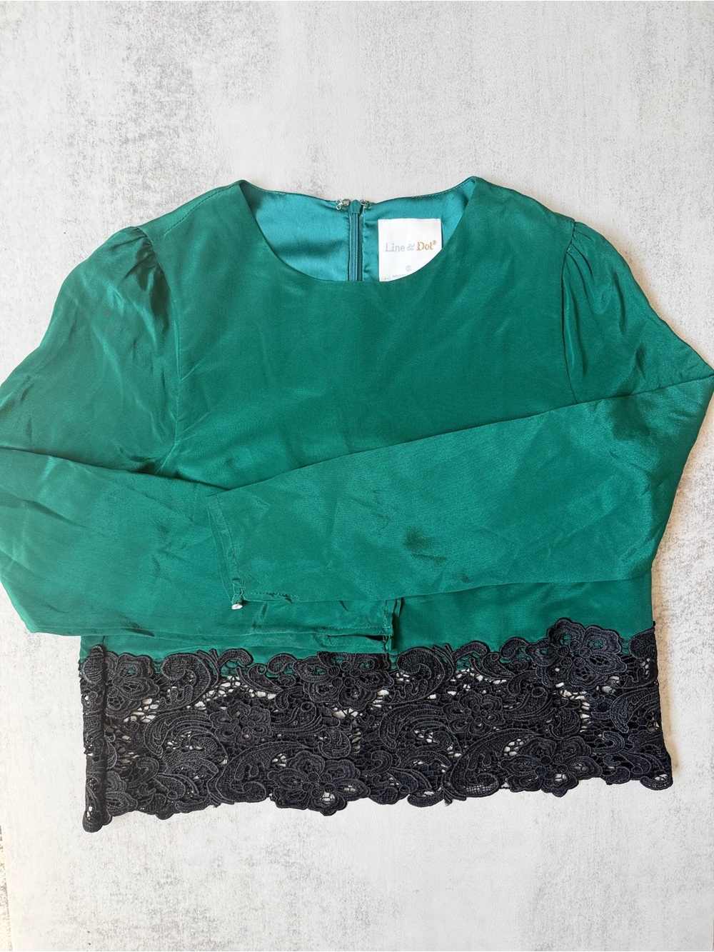 Line & Dot Top Emerald Green Black Lace Trim Lg Sleeve SILK Sz S